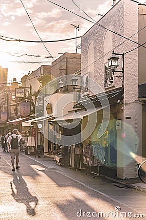 The famous Yuyakedandan stairs which means Dusk Steps at Nishi-Nippori in Tokyo lead to the old-fashionned shopping street Yanaka Editorial Stock Photo