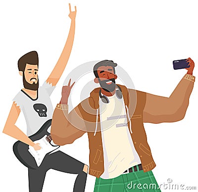 Fan and musician with guitar posing for joint photo. Group of people taking selfie on smartphone Vector Illustration