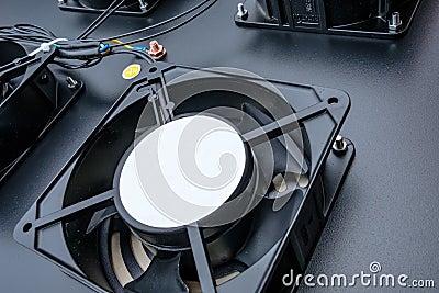 Detailed view of an electrical cooling fan used in a computer Data Centre. Stock Photo