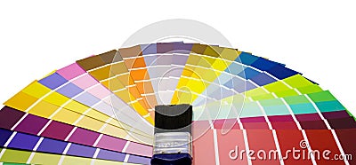 Fan of paint colour swatches and brush Stock Photo