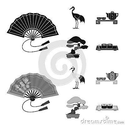 Fan, red crown crane, tea ceremony, bonsai.Japan set collection icons in black,monochrome style vector symbol stock Vector Illustration