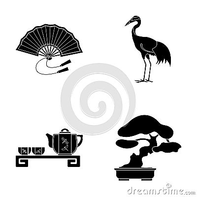 Fan, red crown crane, tea ceremony, bonsai.Japan set collection icons in black style vector symbol stock illustration Vector Illustration