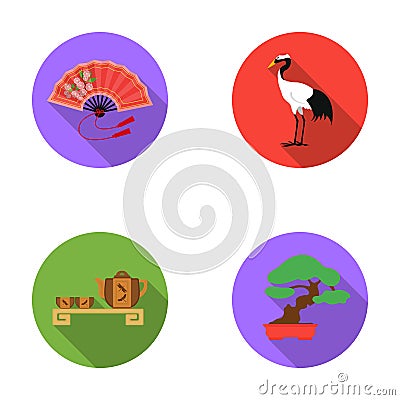 Fan, red crown crane, tea ceremony, bonsai.Japan set collection icons in flat style vector symbol stock illustration web Vector Illustration