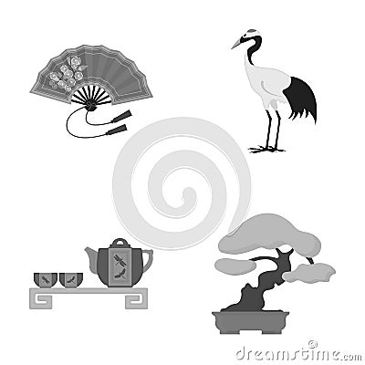 Fan, red crown crane, tea ceremony, bonsai.Japan set collection icons in monochrome style vector symbol stock Vector Illustration