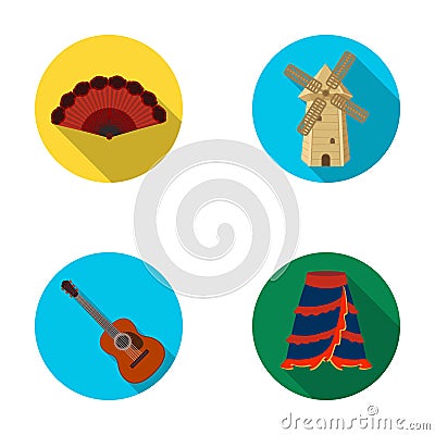 Fan Spanish, mill, guitar, skirt for national Spanish dances. Spain country set collection icons in flat style vector Vector Illustration