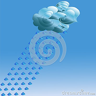 Abstract cloud on blue background and rain of precious stones Vector Illustration