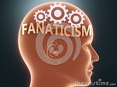 Fanaticism inside human mind - pictured as word Fanaticism inside a head with cogwheels to symbolize that Fanaticism is what Cartoon Illustration