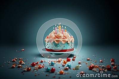 Fancy birthday cake decorated with lit candles, isolated on plain background Stock Photo