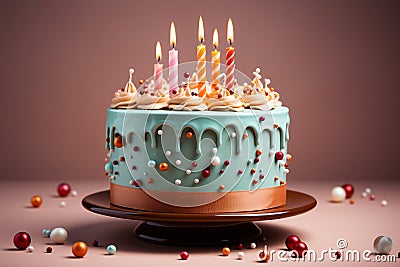 Fancy birthday cake decorated with lit candles, isolated on plain background Stock Photo