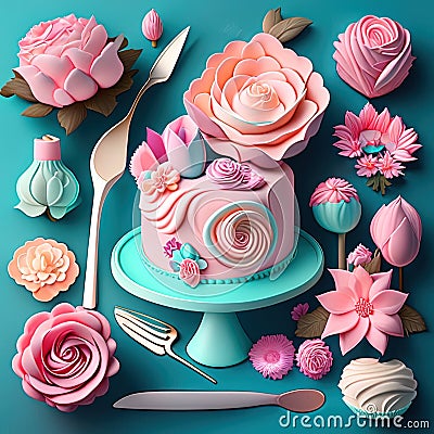 Fancy birthday cake with pink roses and buttercream on blue background Generative AI dessert ai Stock Photo