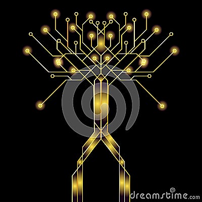 Fancy digital monster made of gold circuit board tracks isolated on black background. Design element Vector Illustration