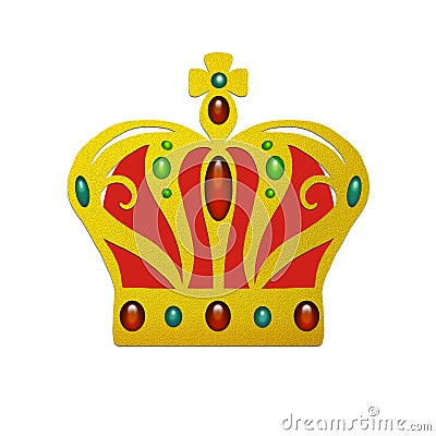 Fancy gold crown with inlaid jewels of ruby emerald and sapphires with red velvet cloth and gold cross on top Stock Photo