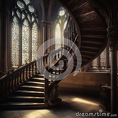 Fancy gothic curved staircase. AI Genrated Stock Photo