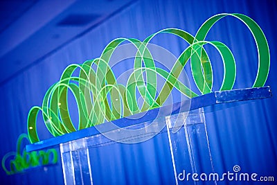 Fancy green lucite decoration set up in the party room for event Stock Photo