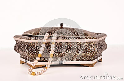 Fancy jewelry box and pearls Stock Photo