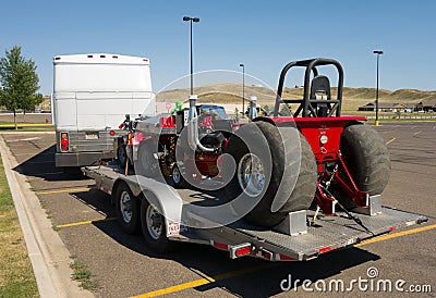 A fancy motor home towing a dragster from a race in north dakota Editorial Stock Photo