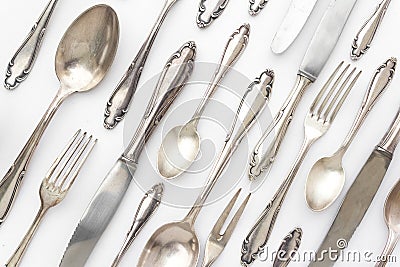 fancy silver cutlery set on white Stock Photo