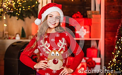 Fancy style. Happy winter holidays. Christmas coming. Favorite sweater. Small girl. Little girl child in santa red hat Stock Photo