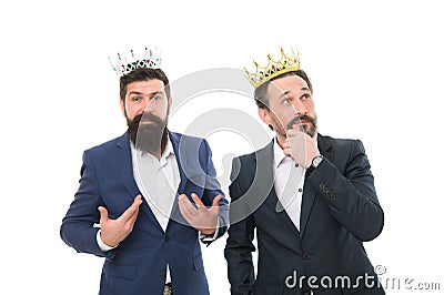 Fancy themselves as kings. Bearded men wear kings crowns. Kings of business. Big boss. Leader and leadership Stock Photo