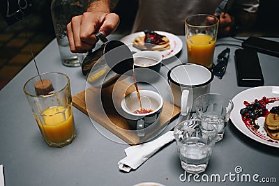 Fancy trendy brunch or breakfast table in cafe Stock Photo