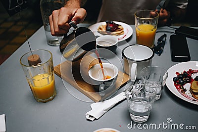 Fancy trendy brunch or breakfast table in cafe Stock Photo