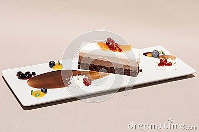 Fancy triple mousse chocolate dessert, decorated with forest fruits and chocolate sauce Stock Photo