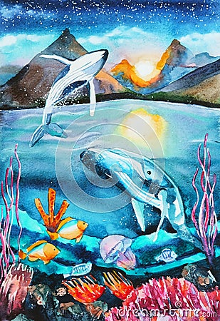 Fancy watercolor illustration. Underwater world with whales, fish and corals. Whales jump over the water Cartoon Illustration