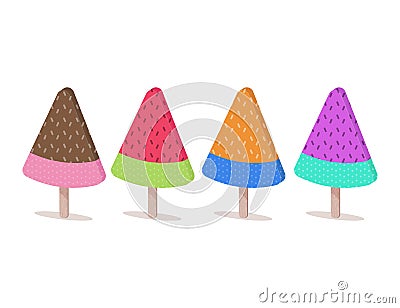 Fancy watermelon ice creams on wooden stick. Flat design. Vector Illustration