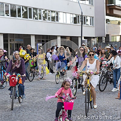 Fancy Women Bike Ride. Women`s Cycling Activity Editorial Stock Photo