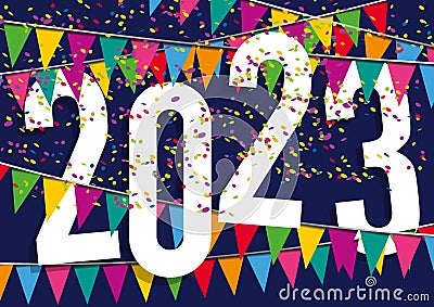 Decorative and colorful greeting card 2023 for an invitation to the New Year or birthday. Stock Photo
