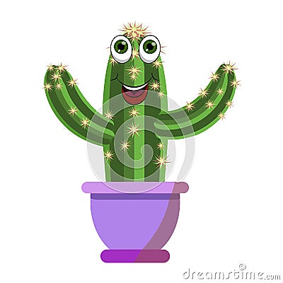 Fanny cartoon green cactus plant vector illustration with eyes and smily cartoon mouth in violet flower pot isolated on white Vector Illustration