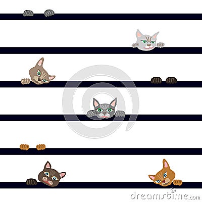 Fanny cats on the stripped pattern. Vector Illustration