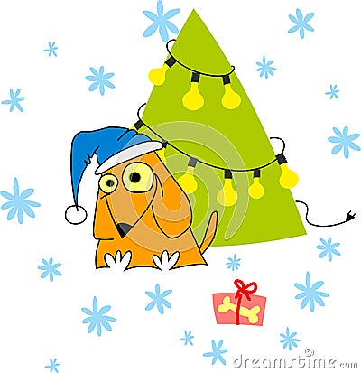 Fanny dog is near x-mas tree Vector Illustration