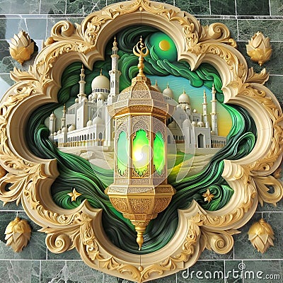 Fanos Lantern Ramadan Kareem Green Gold mosque Muslims ai generator Stock Photo