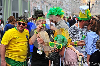 Fans of Brasil football team in Moscow, Russia Editorial Stock Photo