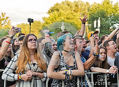 Fans enjoy Vulgar Molly live. Atlas Weekend Festival, Kiev, Ukraine. Editorial Stock Photo