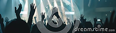 Fans with hands up, blurred stage backdrop, candid energy , professional color grading Stock Photo