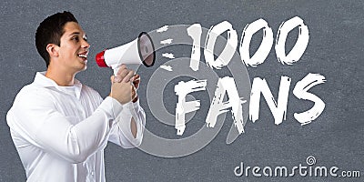 1000 fans likes thousand social networking media young man megaphone Stock Photo