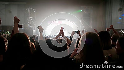 Fans sur le concert vivant, foule des personnes illuminées par les lumières colorées, battant avec des mains banque de vidéos Fans sur le concert vivant, foule des personnes illuminées par les lumières colorées, battant avec des mains banque de vidéos