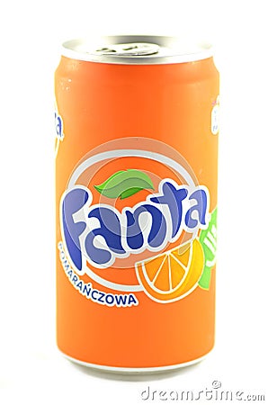 Fanta drink in a can isolated on white background. Editorial Stock Photo