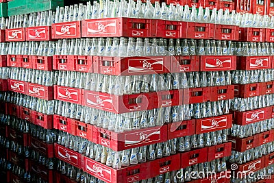 Fanta glass bottle with Coca cola red crate Editorial Stock Photo