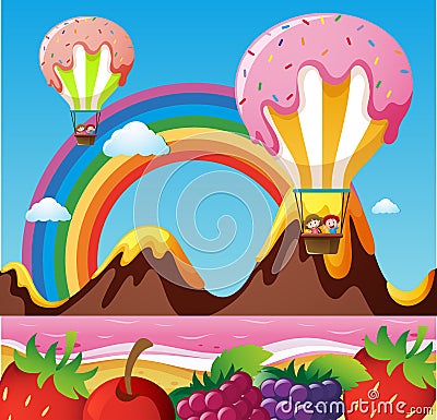 Fantacy land with canday balloons and fruits on the beach Vector Illustration