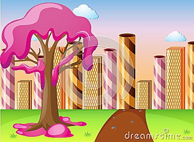 Fantacy land with candy on tree and waffle buildings Vector Illustration