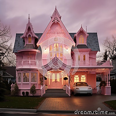 Fantastic AI-generated pink fantasy house in the evening. A castle-like house with turrets and ornaments Stock Photo