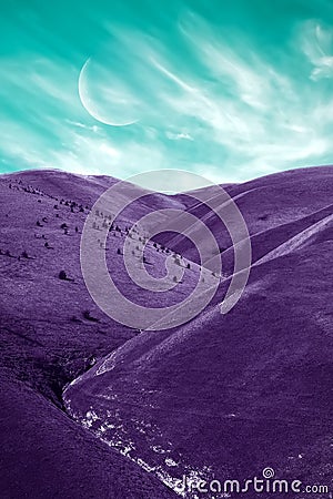 Fantastic alien landscape. Lilac flowers against the background of a green sky with clouds and the moon. Stock Photo