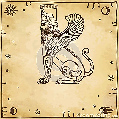 Fantastic Assyrian sphinx. Vector Illustration