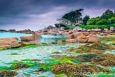 Fantastic Atlantic ocean coast with granite stones, Perros-Guirec, France Stock Photo