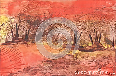 Fantastic autumn landscape, halloween. Encaustic wax art hand drawing. Beautiful illustration, waxy background modern Cartoon Illustration