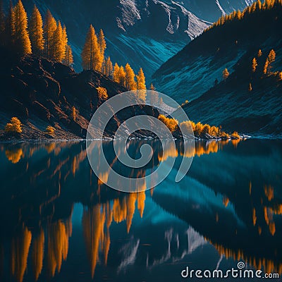 Fantastic autumn landscape with lake and mountain reflection. Stock Photo