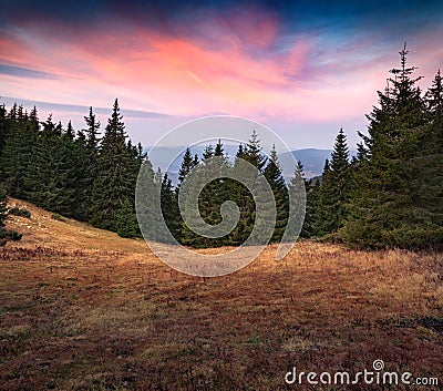 Fantastic autumn sunrise in Carpathian mountains. Stock Photo